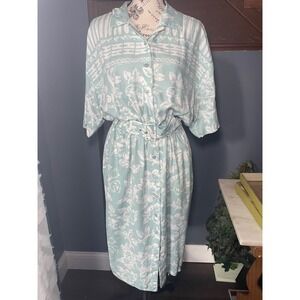 Together! Vintage 90s Rayon Tropical Floral Belted Midi Shirt Dress Seafoam 12